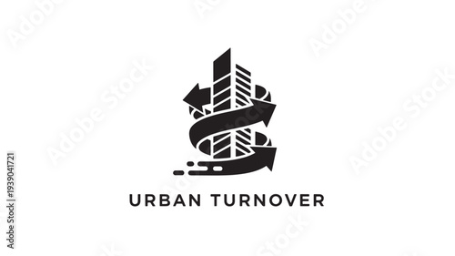 A stylized black logo featuring a cityscape with turning arrows, symbolizing urban development and business growth, on a clean white background.