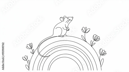 A curious mouse sits on a vibrant rainbow surrounded by blooming flowers symbolizing hope and new beginnings in a whimsical illustration