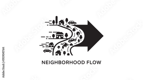 A black icon depicting neighborhood flow with a large arrow, featuring a winding road with cars, trees, and buildings, conveying urban planning and traffic flow.
