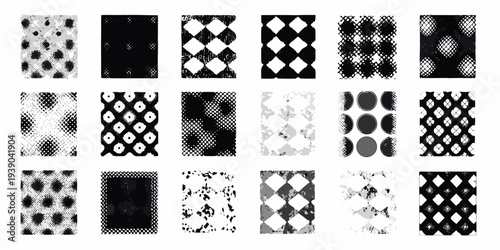 Collection of black and white distressed geometric patterned squares
