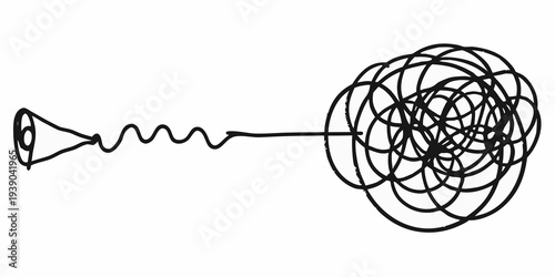 Abstract illustration of a tangled line evolving into a chaotic knot