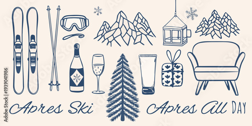 Winter sports equipment and cozy apr s ski scene illustration
