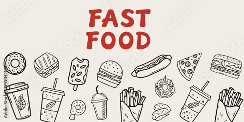 Hand drawn illustration of various fast food items and the word fast