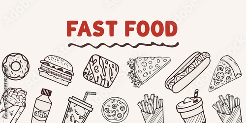 Hand drawn illustration of various fast food items and beverages