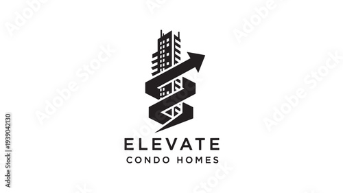 A sleek black and white logo featuring a stylized building icon with an upward arrow, symbolizing growth and elevation in real estate, set against a clean white background.