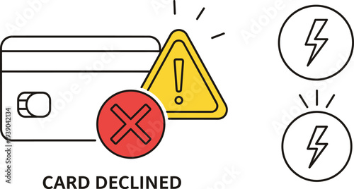 Credit card declined icon with warning signs and lightning bolts