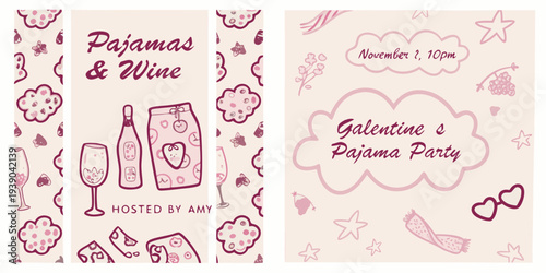 Galentine s pajama party invitation with wine and cute doodle graphics