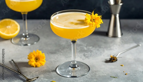 Vibrant yellow cocktails in stemmed glasses, adorned with flowers, sit on a gray surface