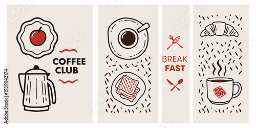 Stylized breakfast illustrations with coffee fruit and baked goods