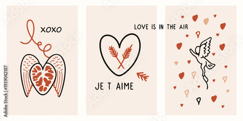 Three romantic cards with hearts wings and affectionate phrases