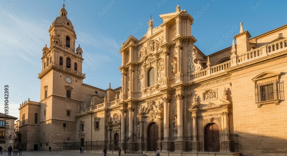 Obraz premium Murcia Cathedrals Baroque Facade and Tower Against a Blue Sky.