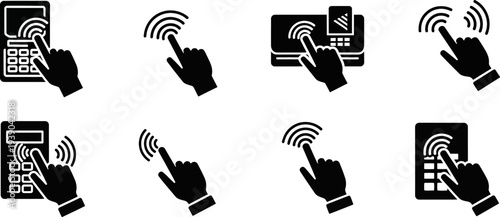 Black silhouettes of hands interacting with digital devices and making contactless payments