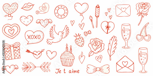 Hand drawn collection of romantic love symbols and valentine s day elements