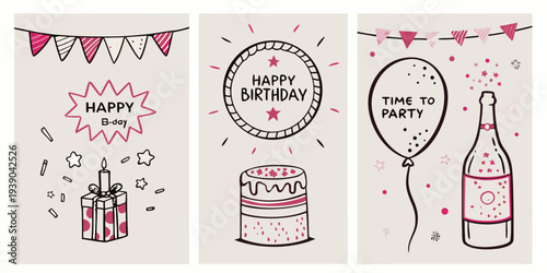 Hand drawn birthday celebration illustrations with balloons cake and gifts