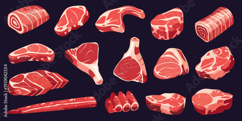 Assorted cuts of raw red meat displayed against a dark background