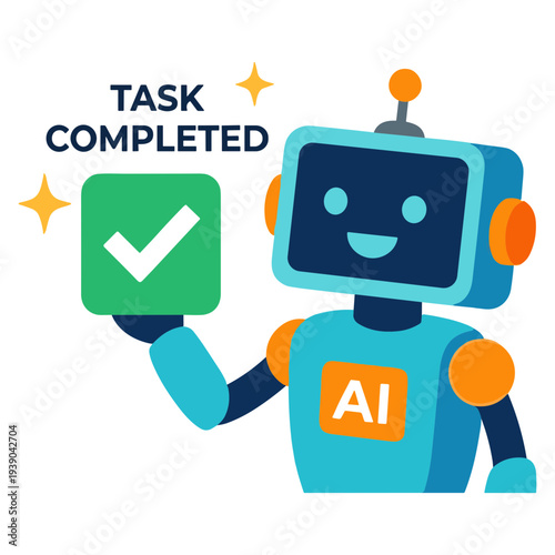 A cheerful robot holds a green checkmark sign with AI on its chest.