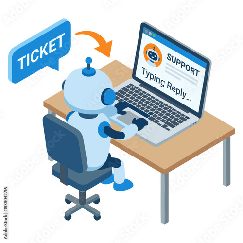 Robot sitting at desk typing reply on support ticket laptop