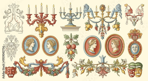Renaissance Grotesque Vector Ornaments - Candelabra, Medallions, and Hybrid Creatures