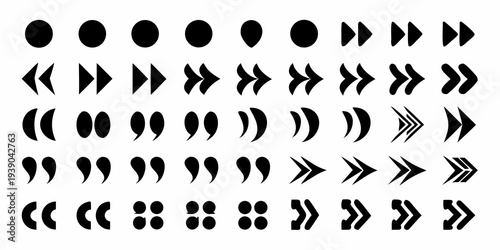 Black geometric shapes transforming from circles to arrows a visual sequence