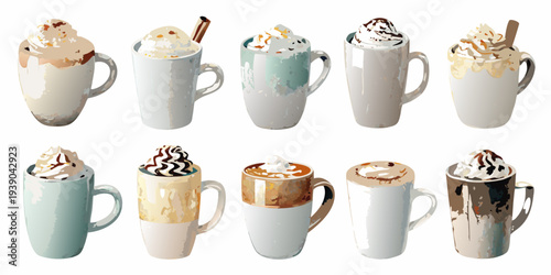 Collection of colorful mugs filled with various hot beverages and toppings