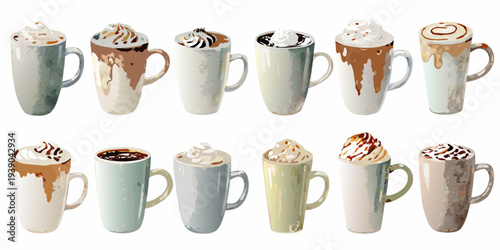 Watercolor illustration of various hot beverages in ceramic mugs