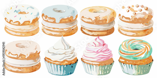Colorful stack of donuts and cupcakes in a digital painting style