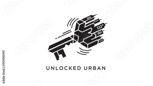 A stylized black key merging with a cityscape, symbolizing urban freedom and modernity, on a clean white background with motion lines.