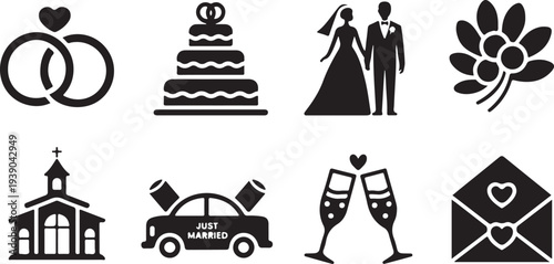 Wedding icons set with rings cake bride groom and car isolated illustration