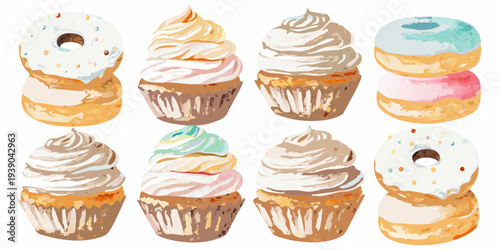 Colorful assortment of illustrated cupcakes and donuts on a white background