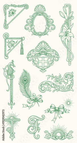 Decorative ornamental elements set on creme background