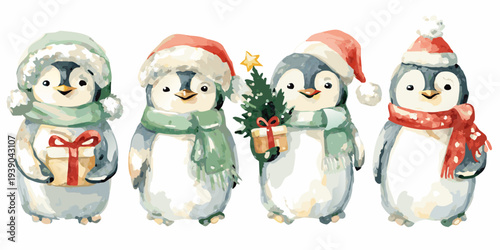 Watercolor painting of four adorable penguins celebrating the winter holidays