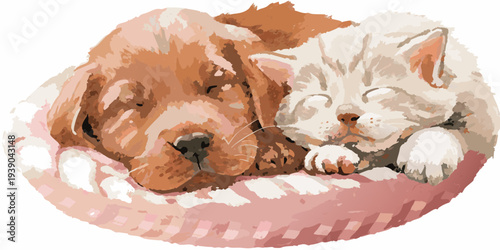 A sleepy puppy and kitten curled up together in a pink bed