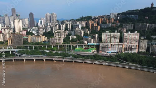 Chongqing Liziba Light Rail Station Aerial View with Flooded River
