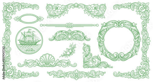 Decorative floral design elements, frame illustration. Ornate swirling floral motif. Pattern vector illustration in vintage engraving style