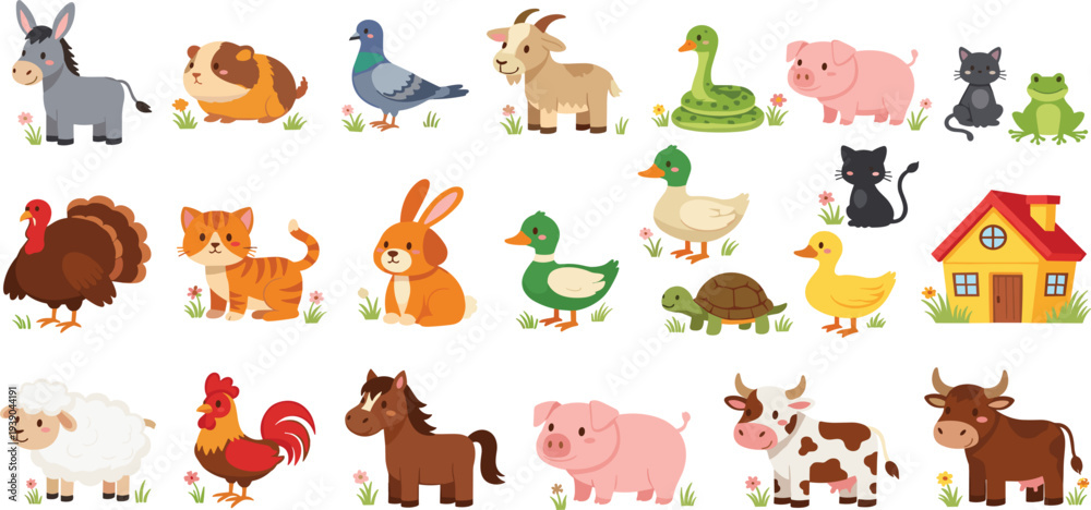 Fototapeta premium Cartoon Farm Animals Including Donkey, Goat, Duck, Pig, Cow, and More with Farmhouse and Nature Elements