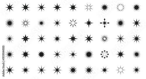 Diverse Star and Sparkle Line Icons Collection, Glittering Light Effect Outline Symbols Set, Decorative Shine and Burst Pictograms on Isolated White Background.