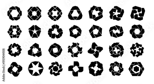 Abstract Geometric Black Icons Set, Modern Camera Aperture Style Solid Shapes, Polygonal and Mechanical Pictograms on Isolated White Background.