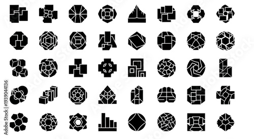 A comprehensive collection of abstract geometric black-and-white icons and symbols, featuring diverse shapes and patterns arranged in a grid.
