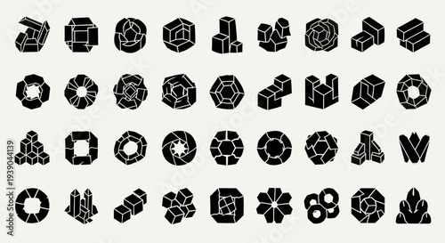 Abstract Geometric Black Shapes Collection, Modern Stylized Gemstone Solid Icons, Futuristic Crystal Forms in Bright Studio.