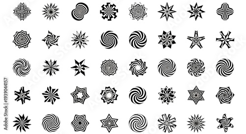 A grid of diverse black and white abstract geometric shapes, including spirals, stars, and symmetrical patterns, suitable for design elements or decorative motifs.