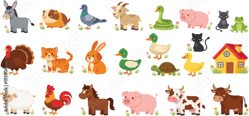 Cartoon Farm Animals Including Donkey, Goat, Duck, Pig, Cow, and More with Farmhouse and Nature Elements