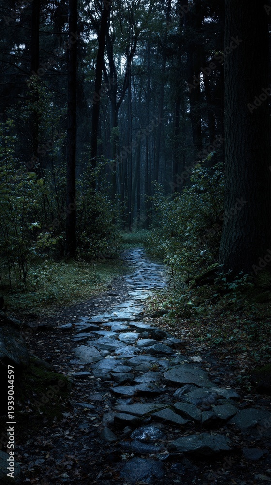 Fototapeta premium Winding Stone Path Through Dark Forest at Night.