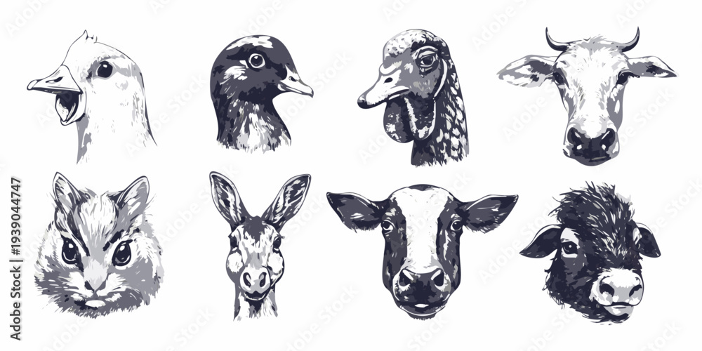 Naklejka premium A collection of animal head illustrations in a monochrome style