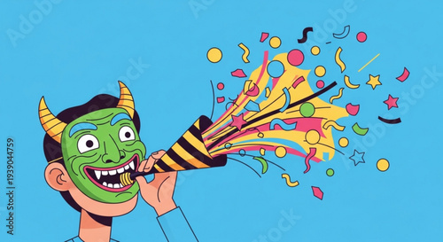 Man in green devil mask celebrating with party horn and colorful confetti on blue background