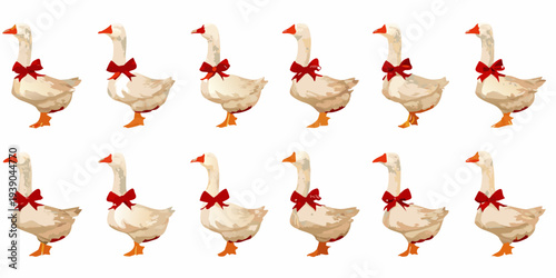 A collection of illustrated geese each adorned with a red bow