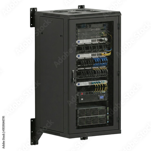 Data center infrastructure cabinet filled with network switches cables and power equipment creating efficient organized connectivity and monitoring