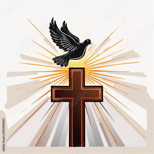 Christian cross with dove and rays of light symbolizing Holy Spirit.