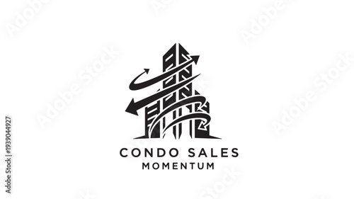 A black and white logo featuring a stylized building with arrows indicating growth and momentum in condo sales, on a clean white background.