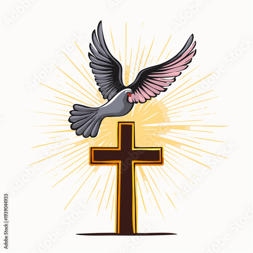 Christian cross with dove and rays of light symbolizing faith and spirituality.
