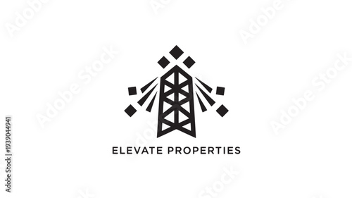 A black icon logo featuring a tower symbol with geometric shapes, representing Elevate Properties, conveying business and real estate concepts.